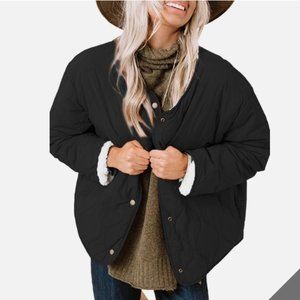 SHEWIN Black Sherpa Puffer Jacket for Women Button Down Reversible Quilted Med